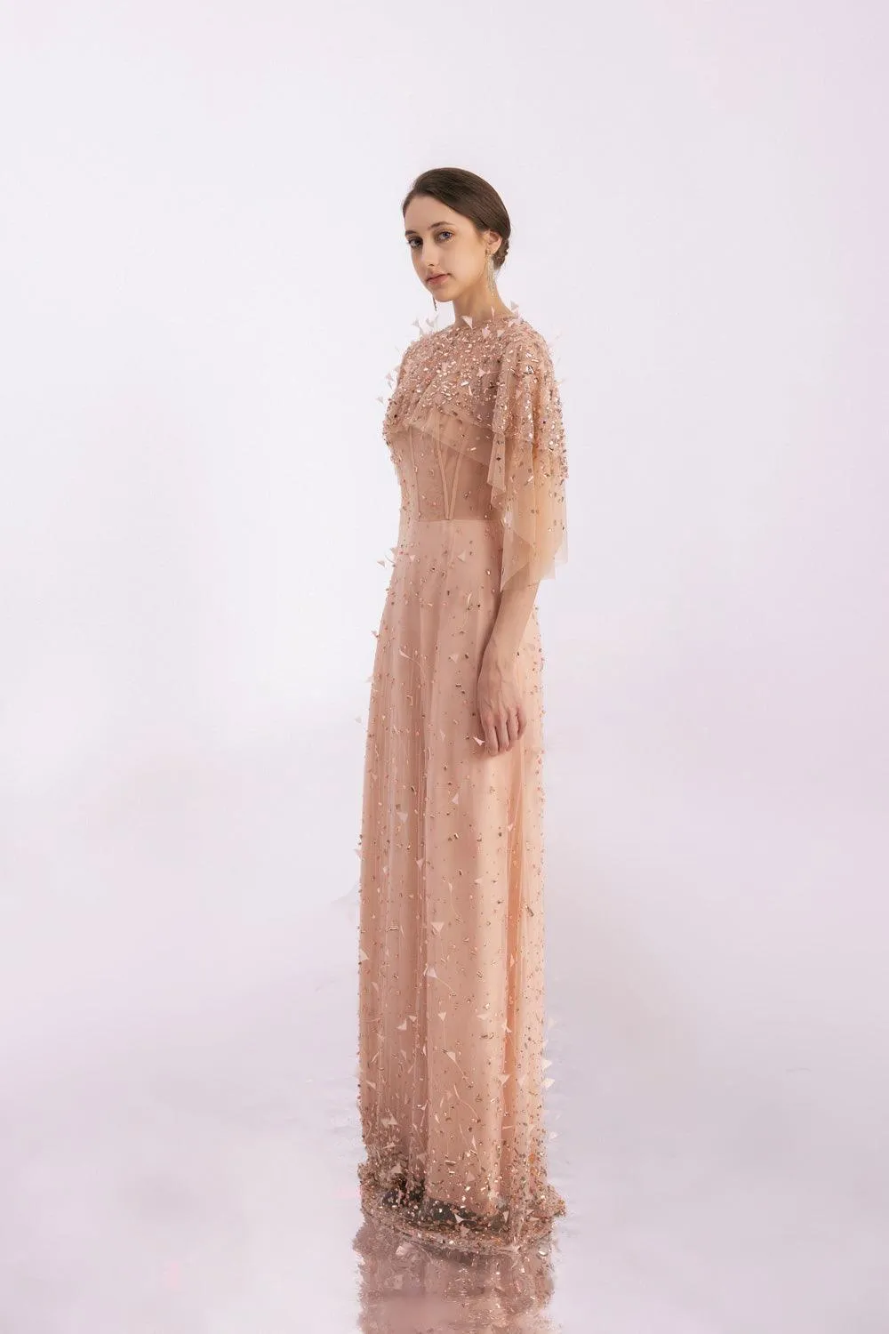 Hayes A-line Cape Sleeved Mesh Silk Floor Length Set