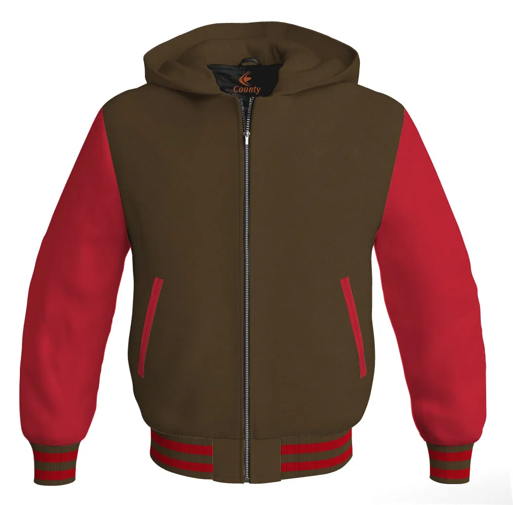 Hooded Bomber Women Brown Body and Red Leather Sleeves Custom Hoodies