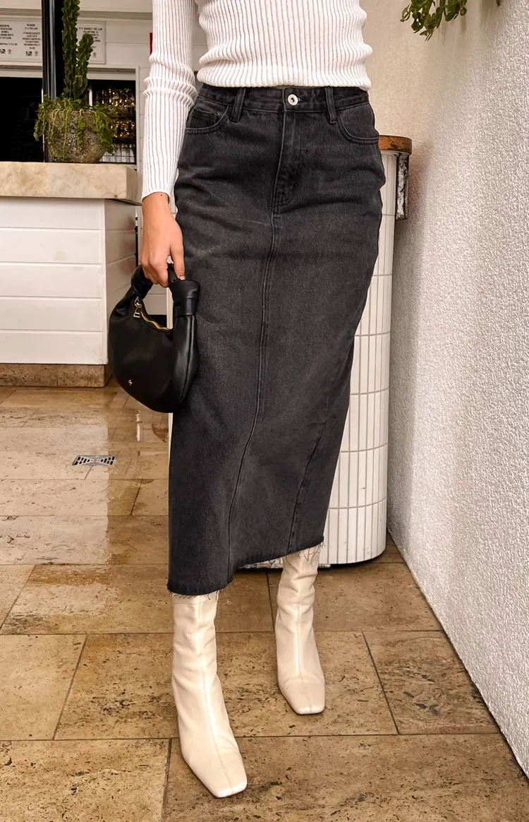 Isla Washed Black Denim Midi Skirt