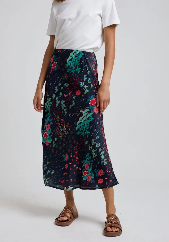 Ivy Bias Cut Wonderland Print Midi Skirt In Black