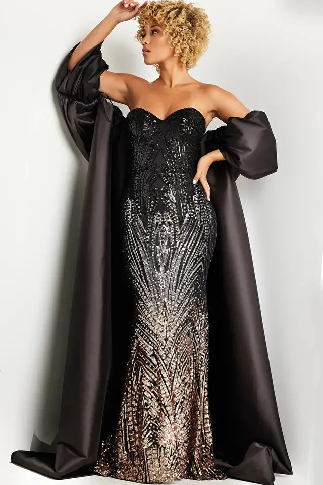 Jovani 38746 Long Prom Dress Beaded Embellished Strapless  Off Shoulder Satin Cape Formal Pageant Gown