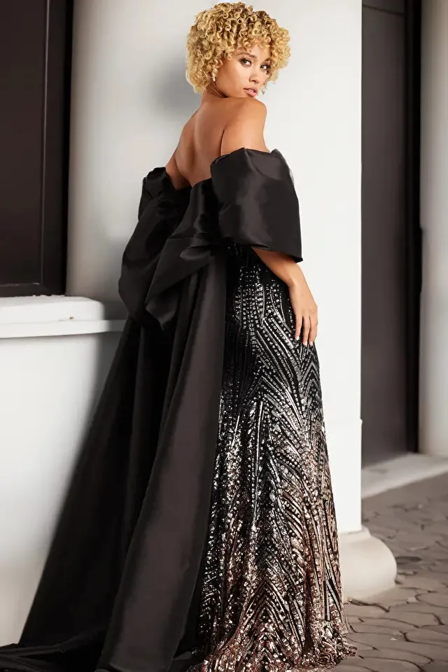 Jovani 38746 Long Prom Dress Beaded Embellished Strapless  Off Shoulder Satin Cape Formal Pageant Gown