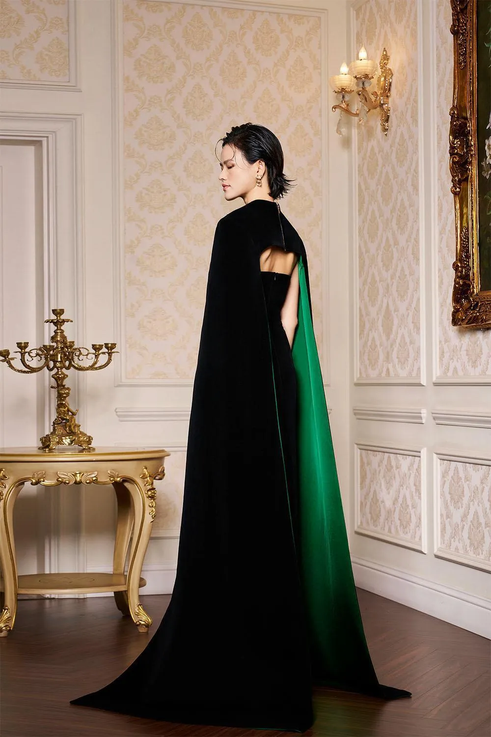 Kallie Sheath Cape Sleeved Velvet Floor Length Dress