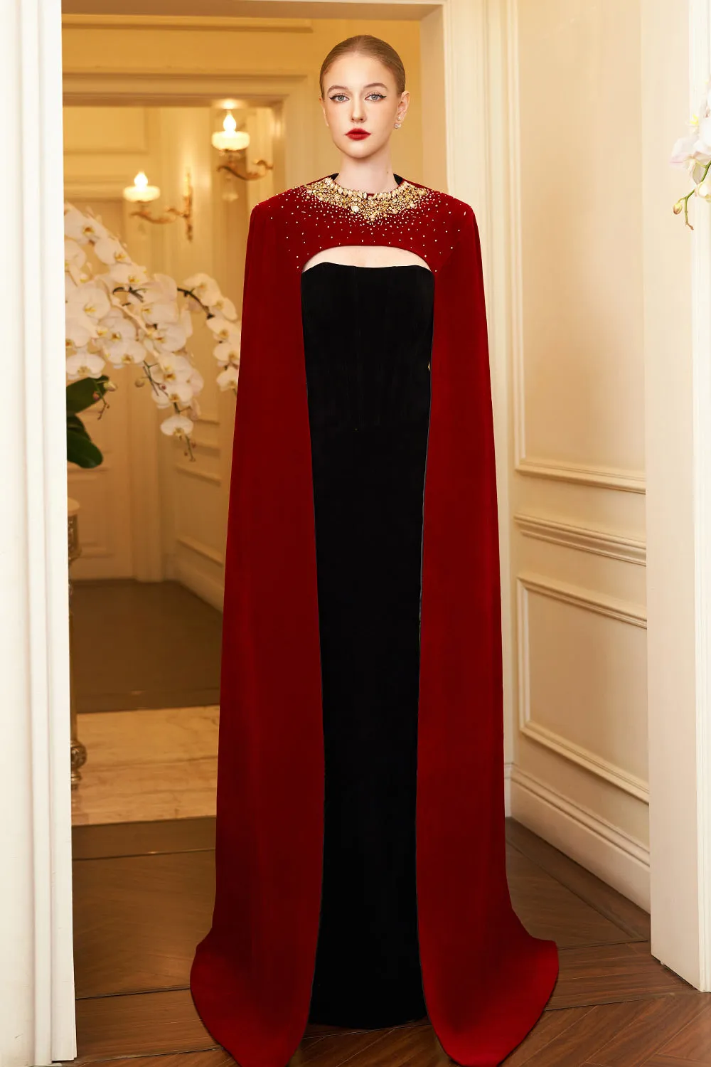 Kallie Sheath Cape Sleeved Velvet Floor Length Dress