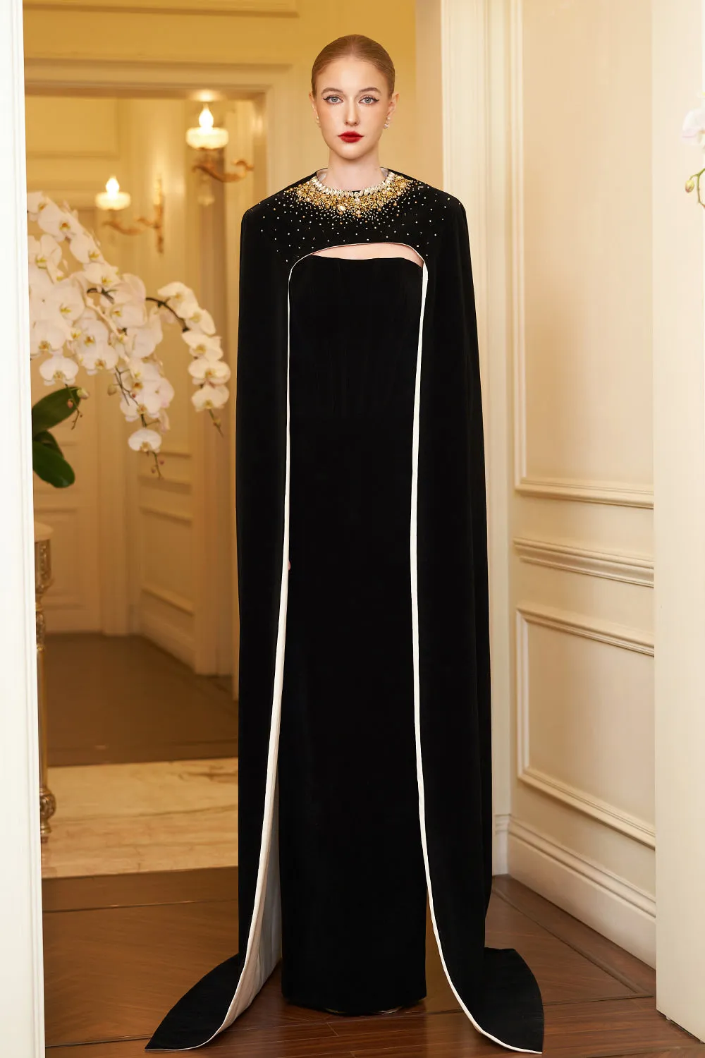 Kallie Sheath Cape Sleeved Velvet Floor Length Dress