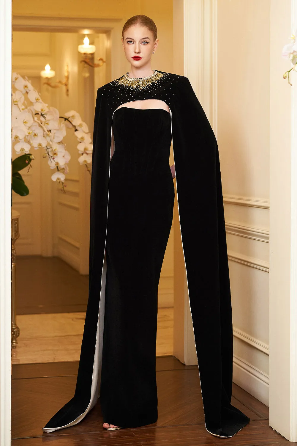 Kallie Sheath Cape Sleeved Velvet Floor Length Dress