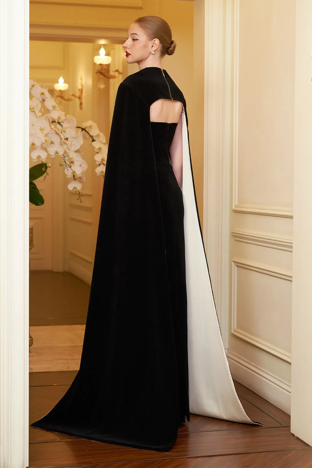 Kallie Sheath Cape Sleeved Velvet Floor Length Dress