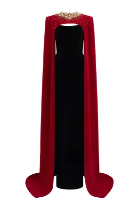 Kallie Sheath Cape Sleeved Velvet Floor Length Dress