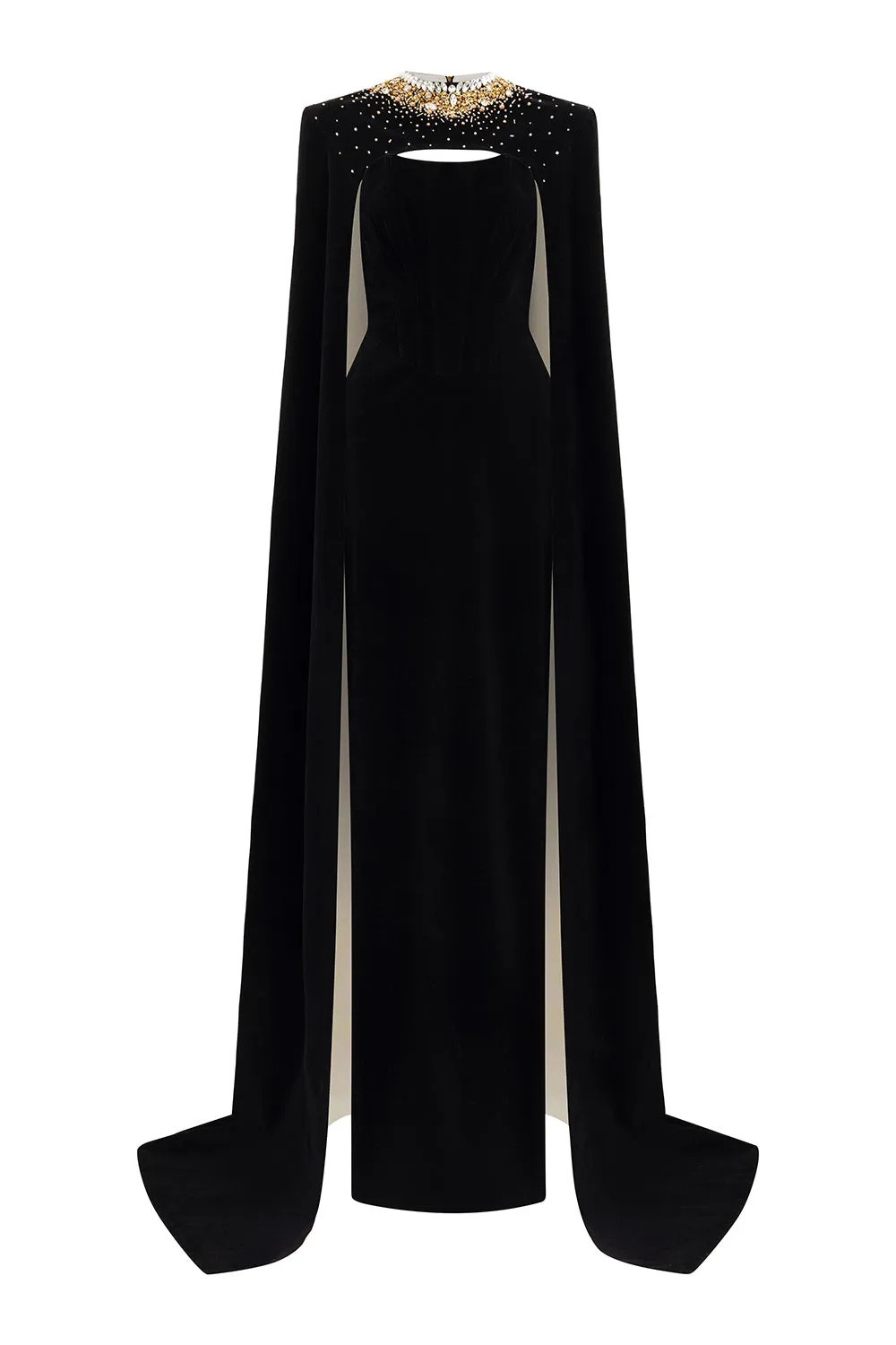 Kallie Sheath Cape Sleeved Velvet Floor Length Dress