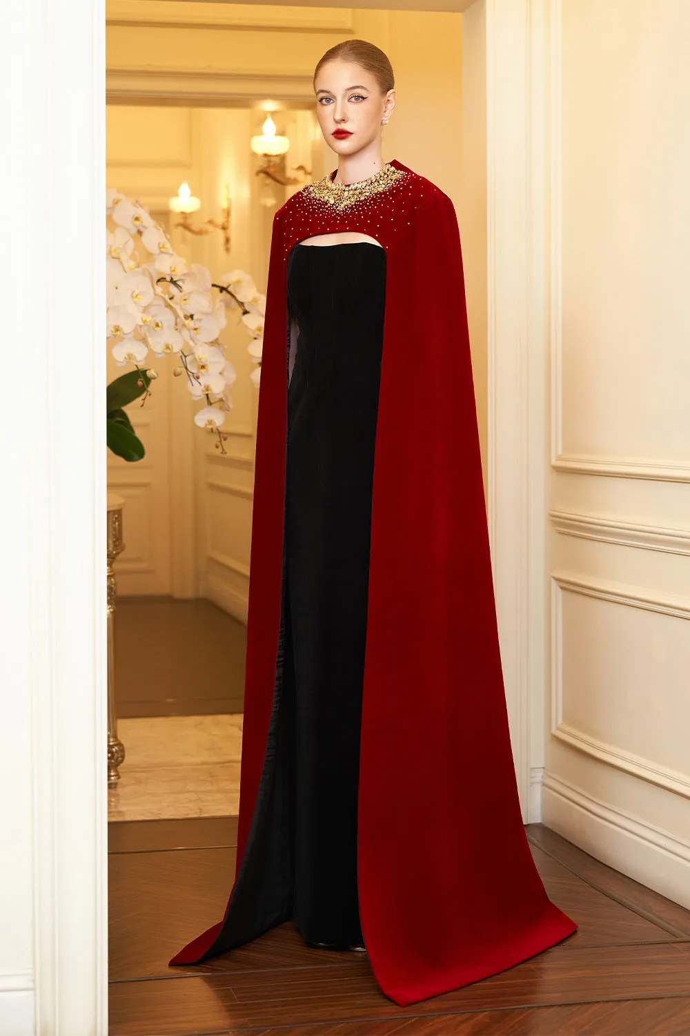 Kallie Sheath Cape Sleeved Velvet Floor Length Dress