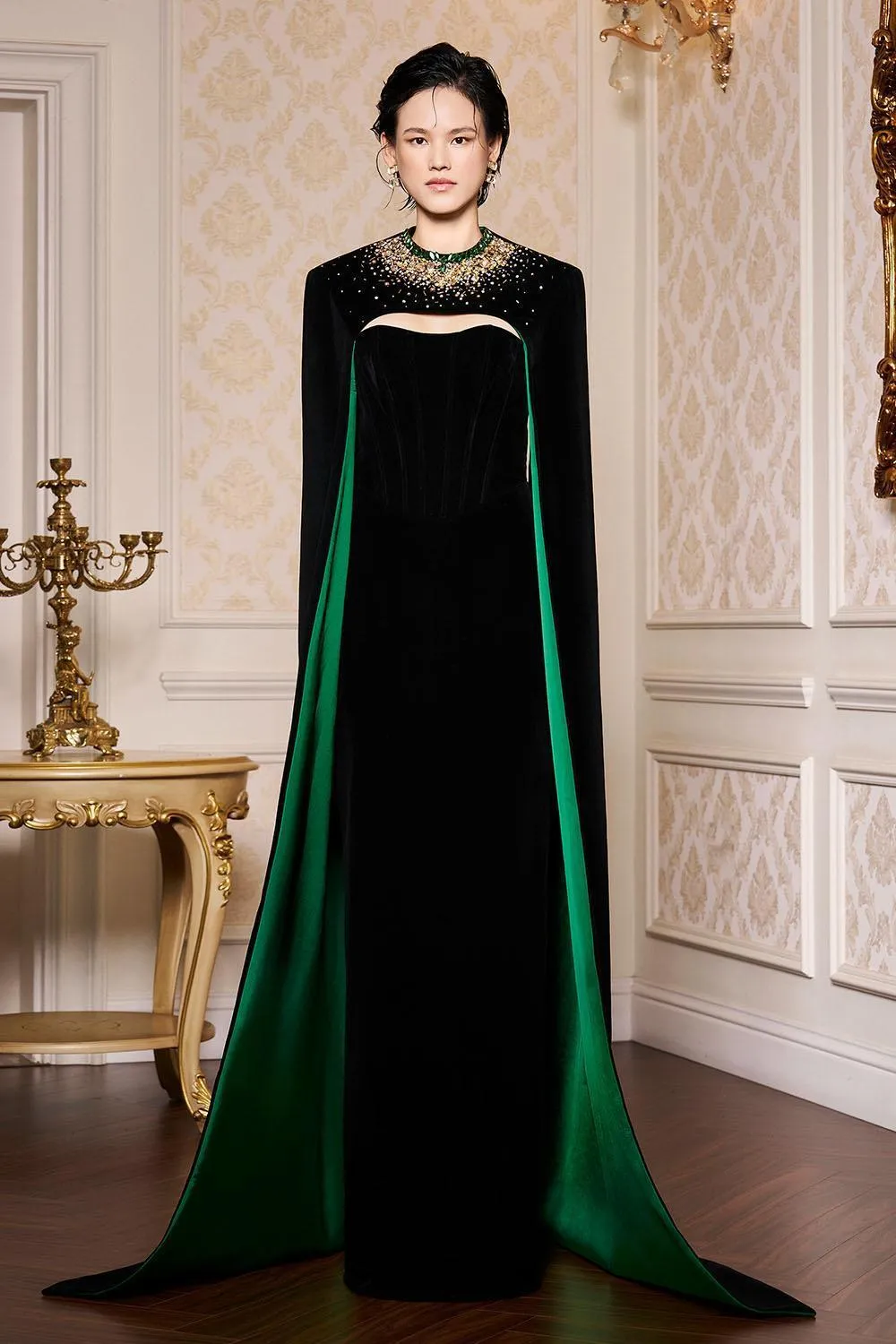 Kallie Sheath Cape Sleeved Velvet Floor Length Dress