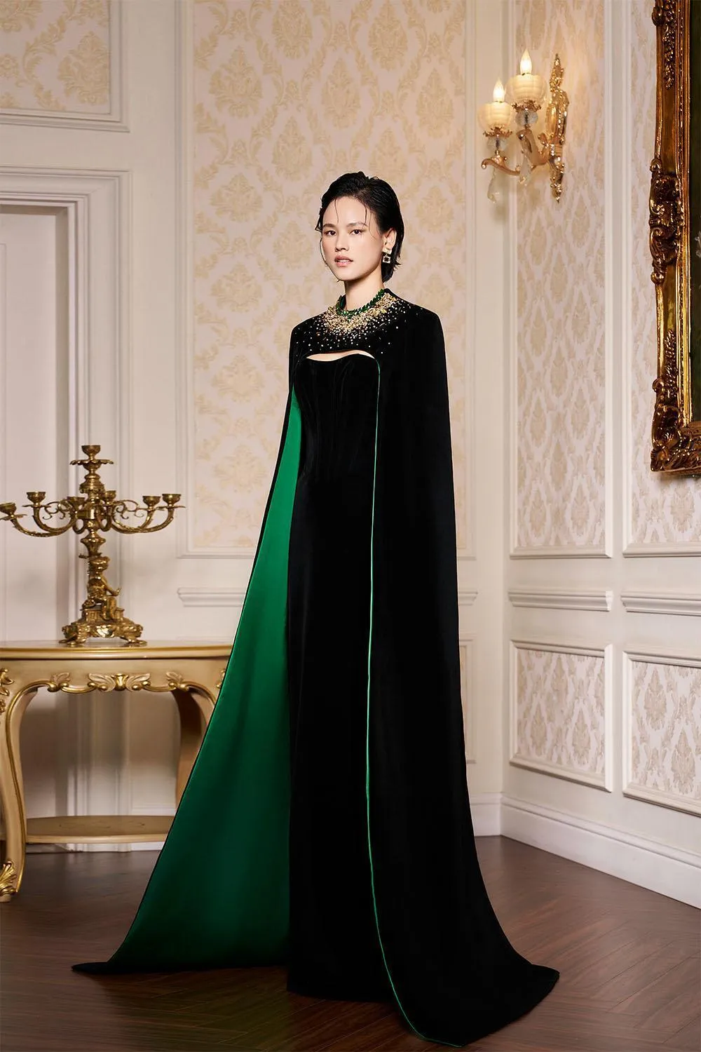 Kallie Sheath Cape Sleeved Velvet Floor Length Dress