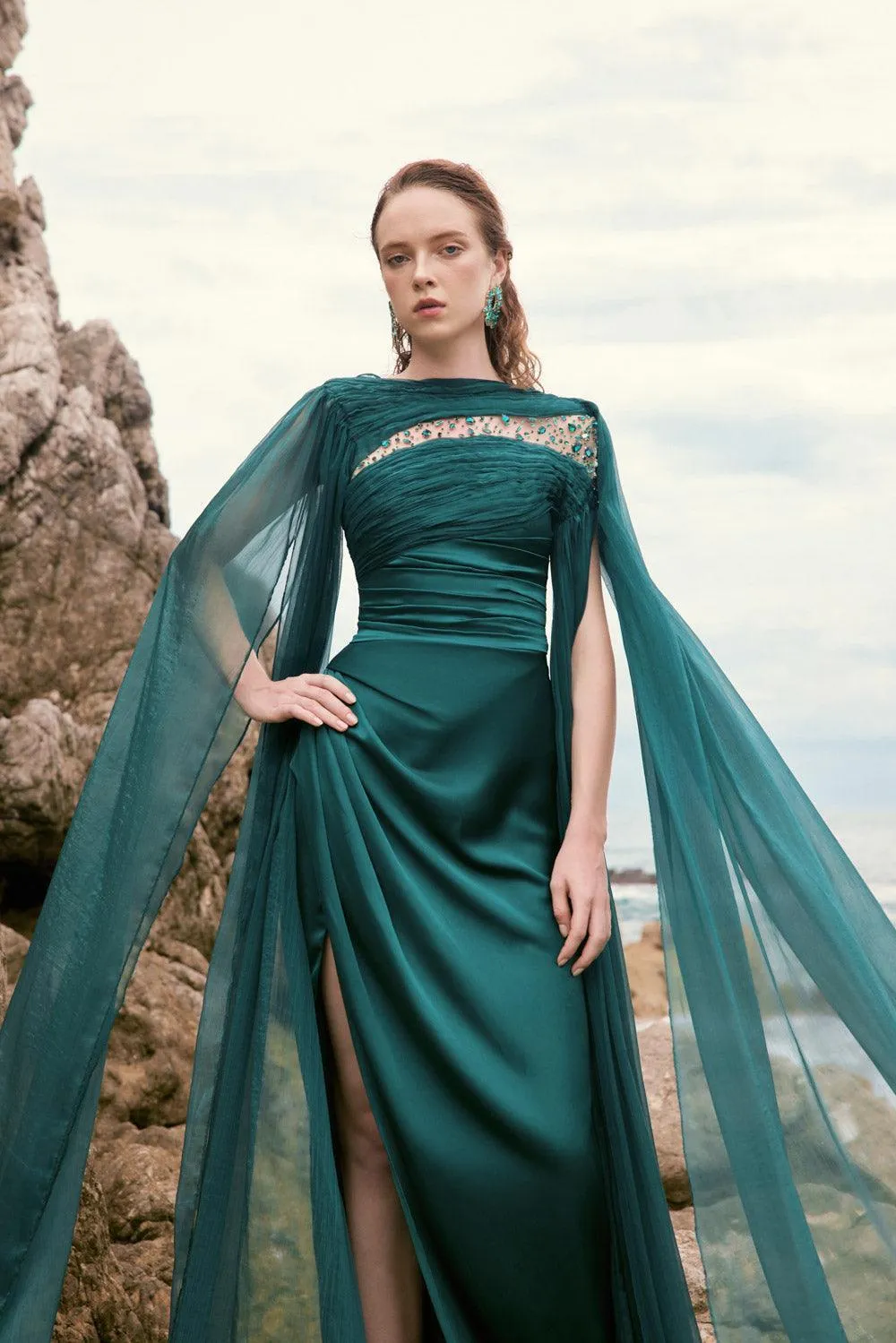 Kaytlyn Slit Cape Sleeved Silk Satin Floor Length Dress