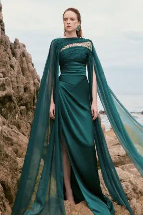 Kaytlyn Slit Cape Sleeved Silk Satin Floor Length Dress