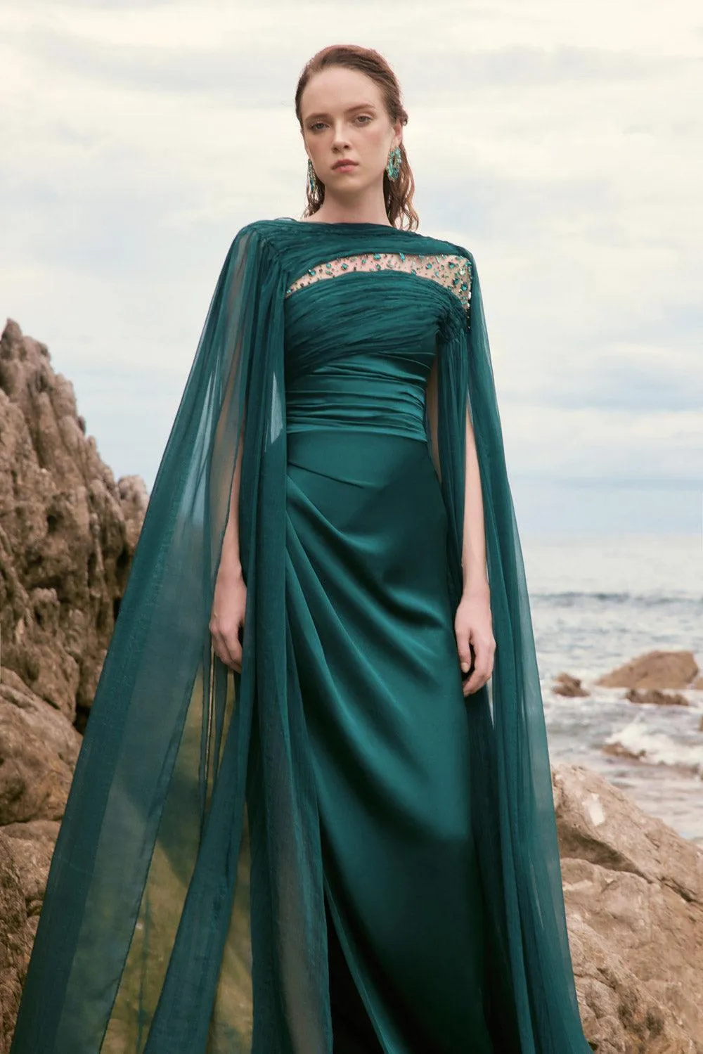 Kaytlyn Slit Cape Sleeved Silk Satin Floor Length Dress