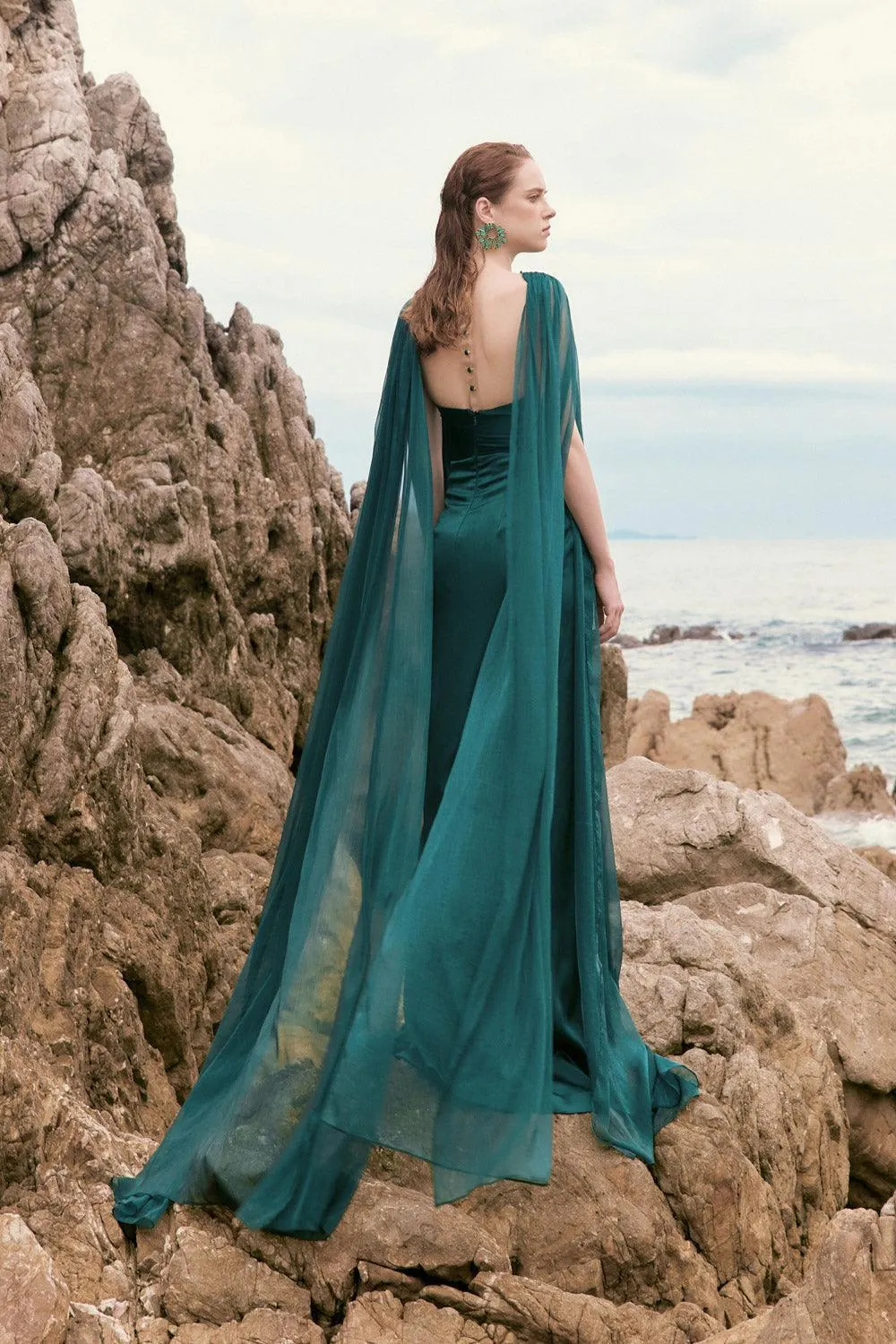 Kaytlyn Slit Cape Sleeved Silk Satin Floor Length Dress