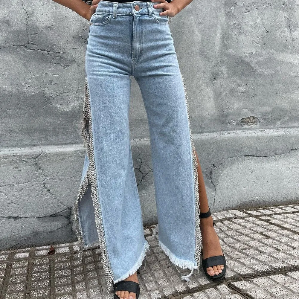 KittenAlarm - High Waisted Side Split Out Jeans Women Casual Loose Cargo Black Pants Streetwear Summer Wide Leg Long Baggy Y2k Jeans