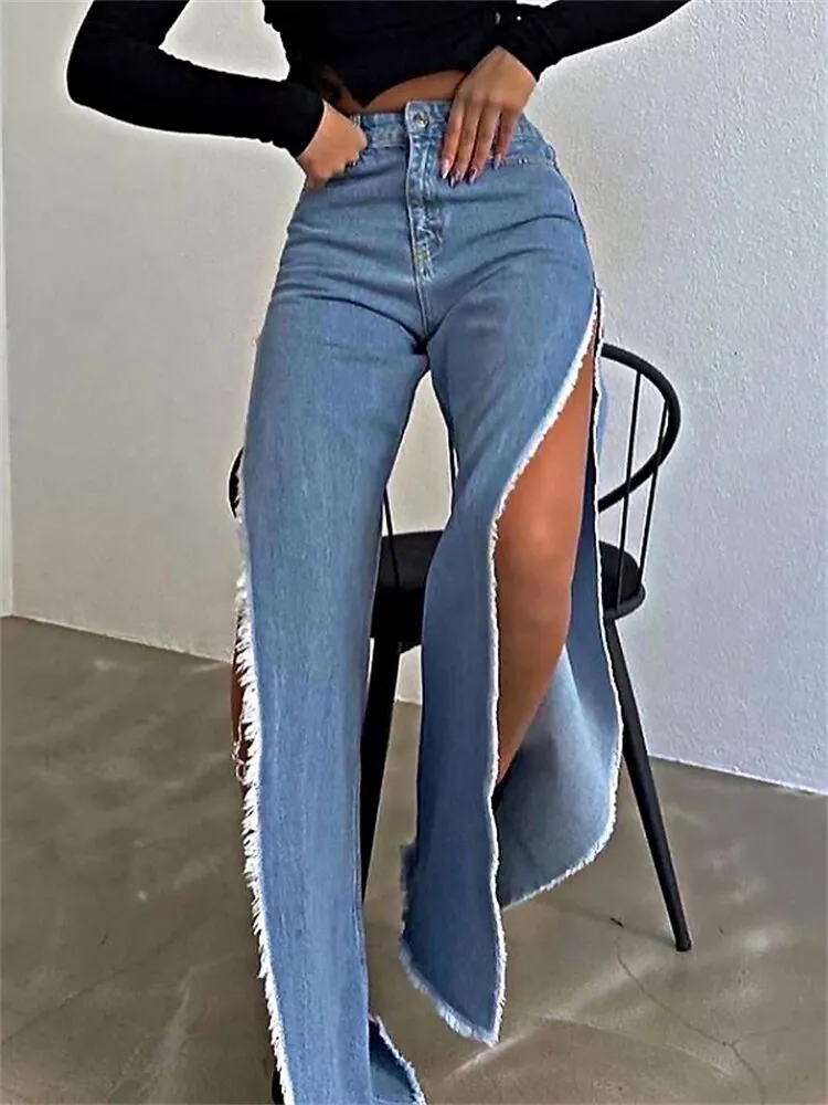 KittenAlarm - High Waisted Side Split Out Jeans Women Casual Loose Cargo Black Pants Streetwear Summer Wide Leg Long Baggy Y2k Jeans