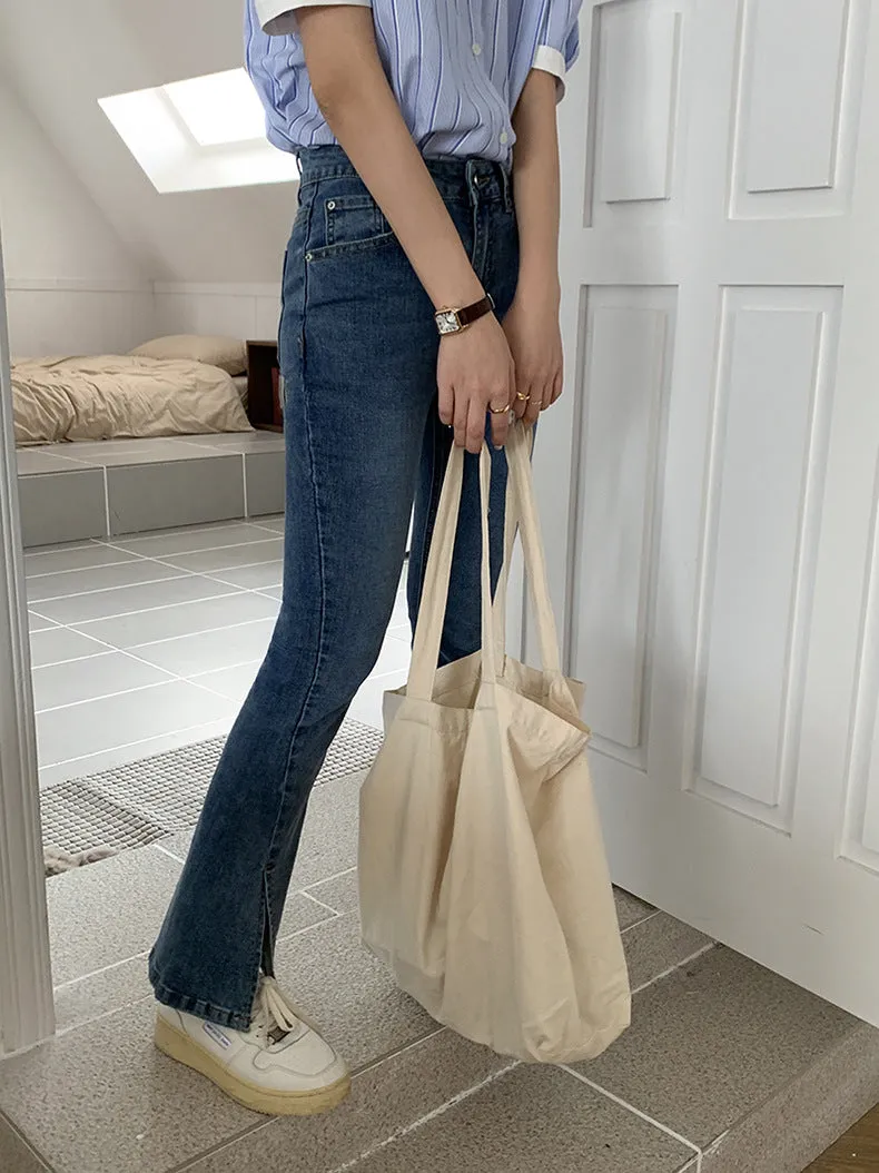 [Korean Style] High Waist Slim Fit Stretchy Slit Flare Jeans