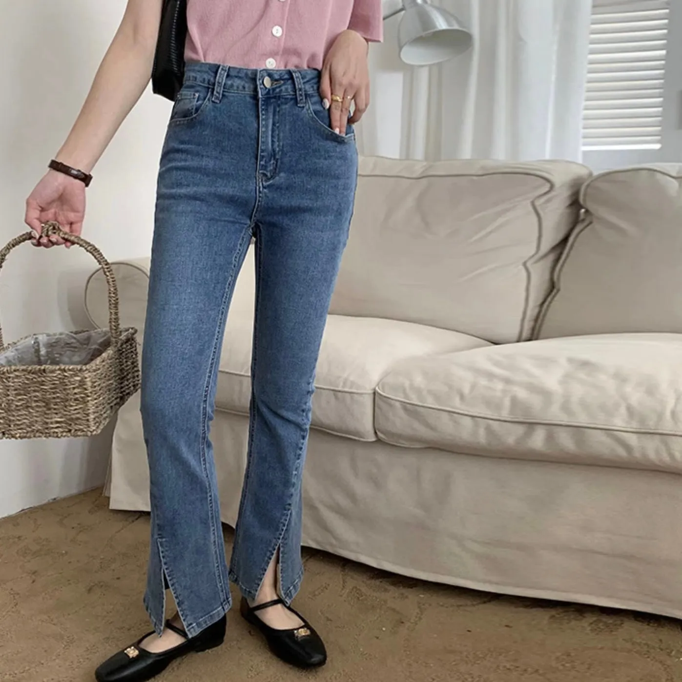 [Korean Style] High Waist Slim Fit Stretchy Slit Flare Jeans