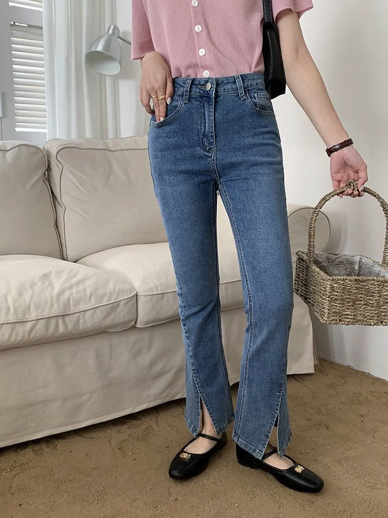 [Korean Style] High Waist Slim Fit Stretchy Slit Flare Jeans