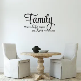 Large Vinyl Wall Art Sticker Quote: Family where life begins and love never ends