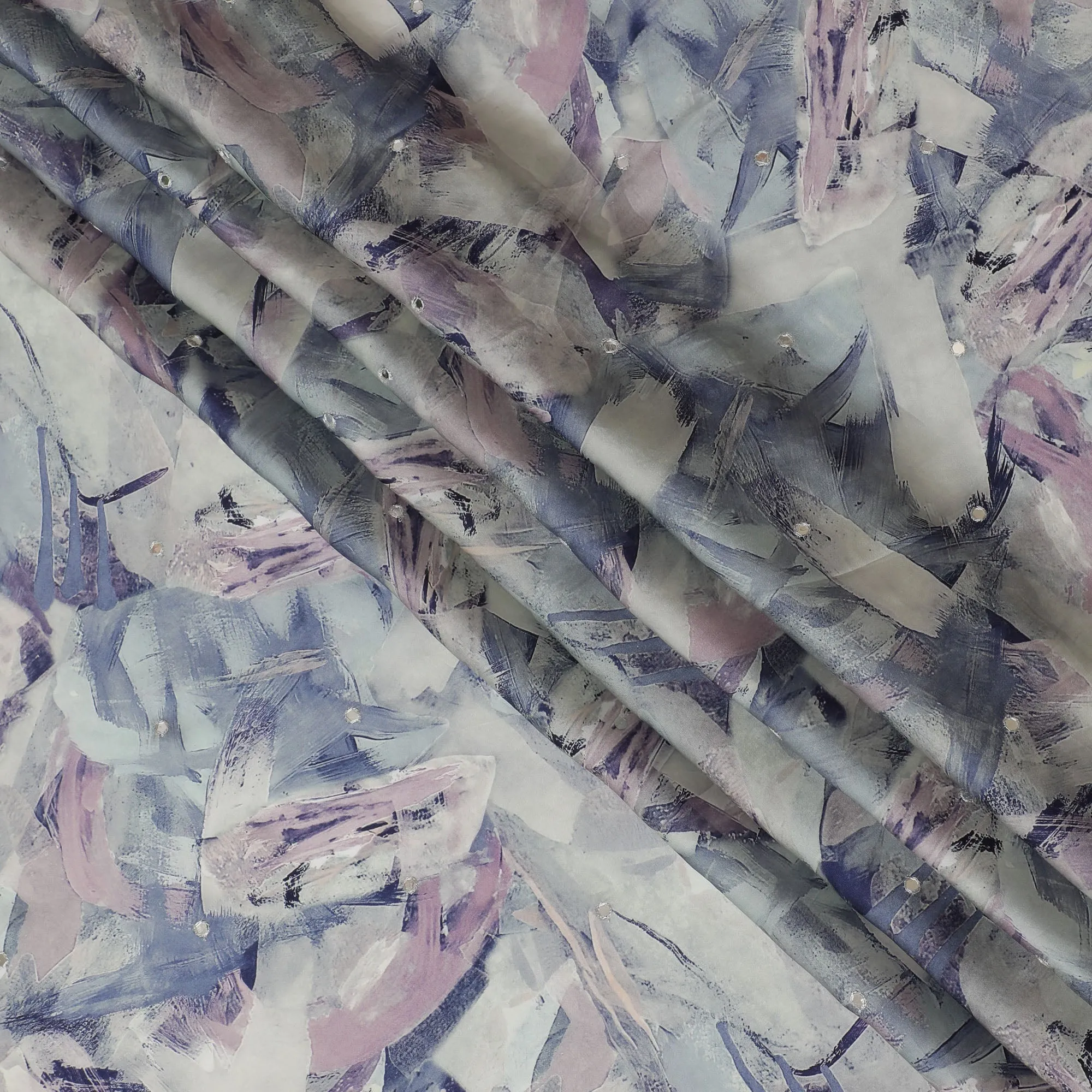 Lavender & Grey Abstract Viscose Modal Satin Fabric with Mirror Work - 110 cm Width-D20271