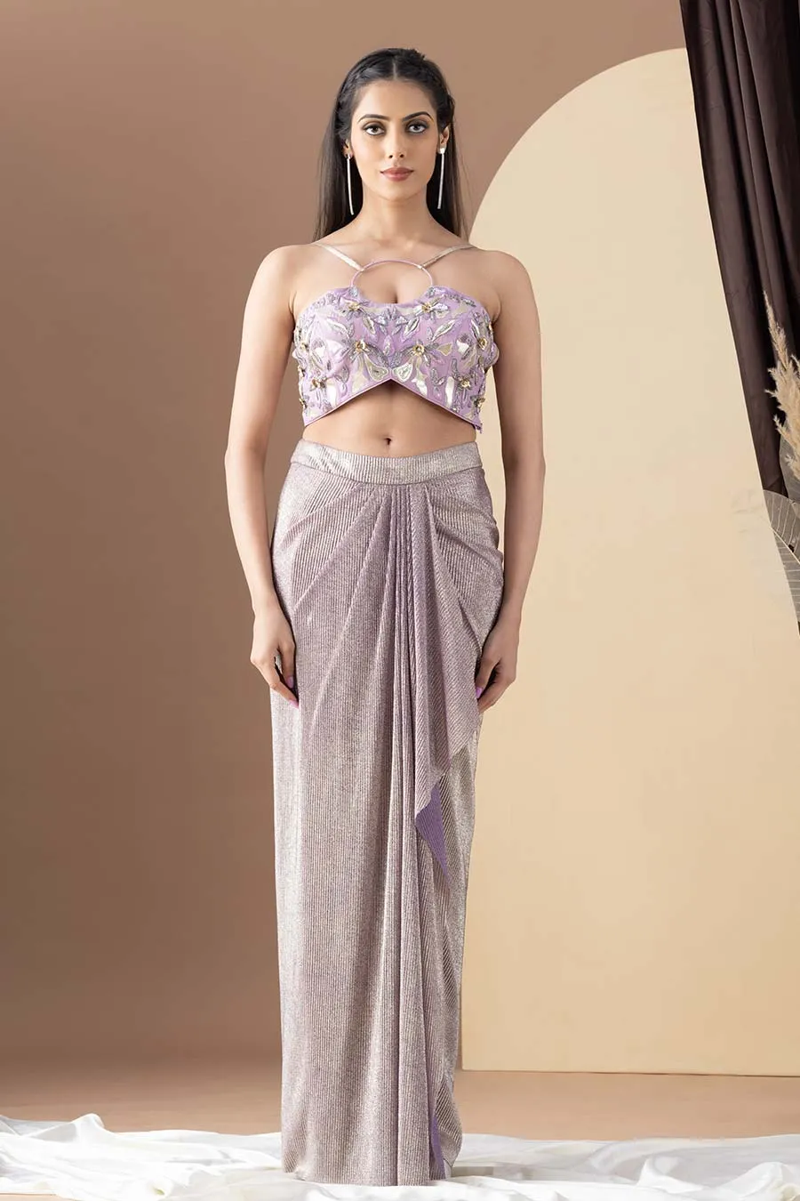 Lavender Embroidered Blouse, Crinkled Dhoti & Cape Set