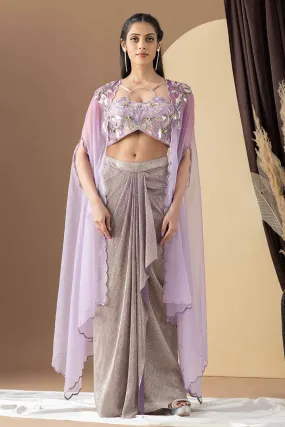 Lavender Embroidered Blouse, Crinkled Dhoti & Cape Set