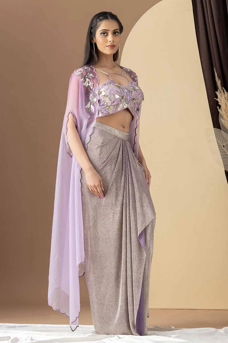 Lavender Embroidered Blouse, Crinkled Dhoti & Cape Set