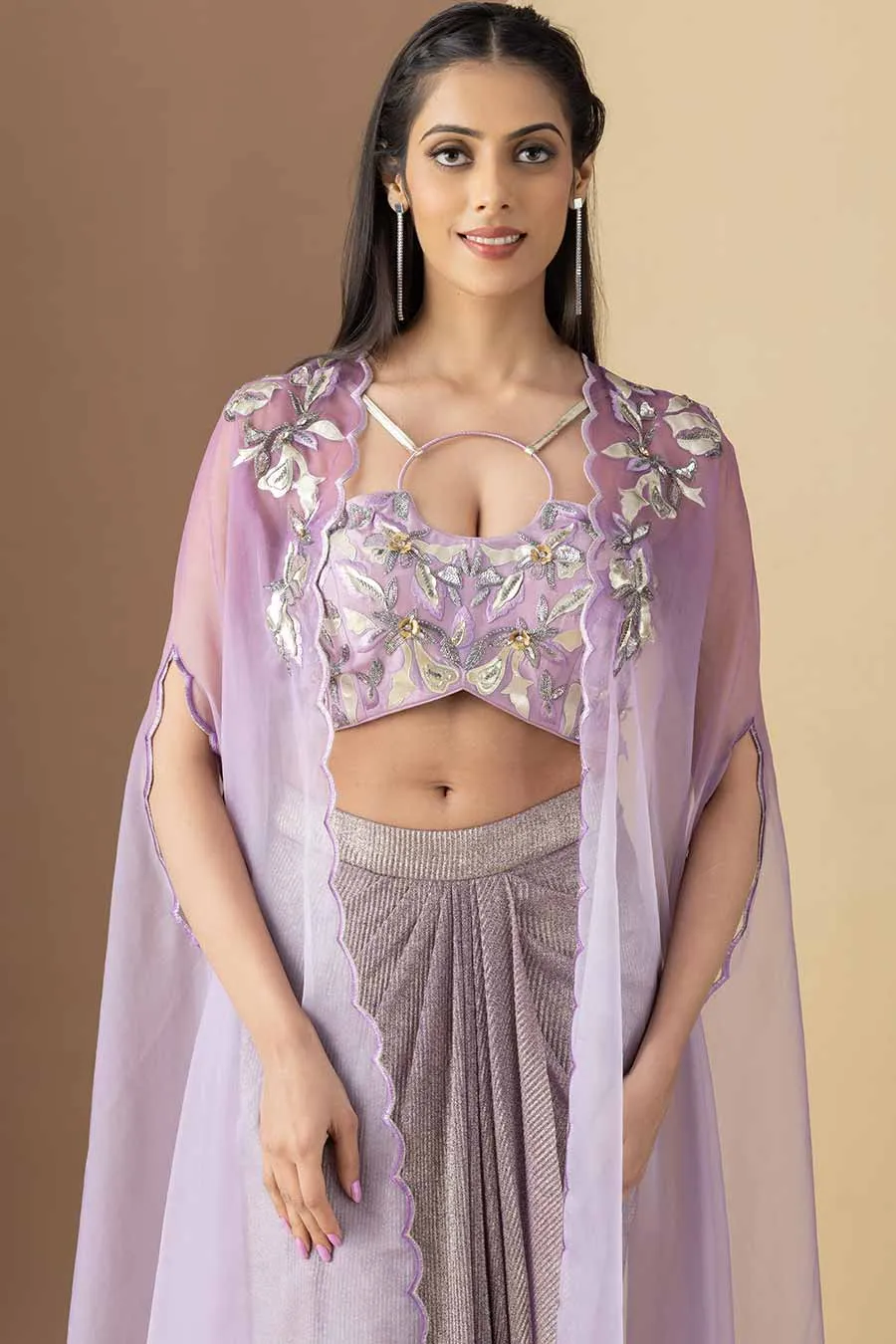 Lavender Embroidered Blouse, Crinkled Dhoti & Cape Set