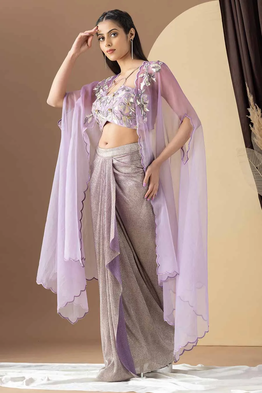 Lavender Embroidered Blouse, Crinkled Dhoti & Cape Set