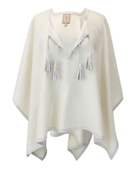 Leather Trim Tassel Alpaca Poncho in White