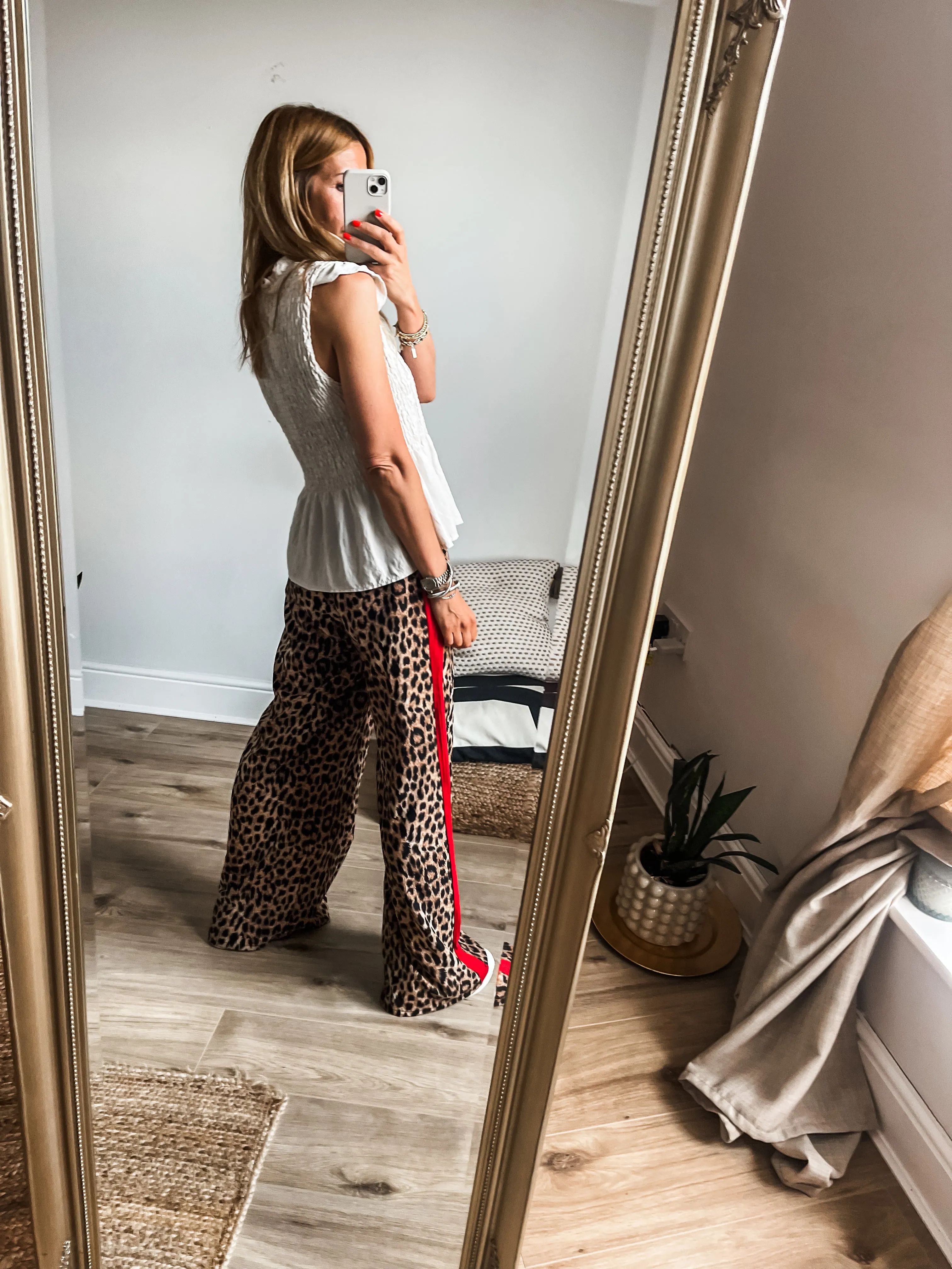 Leopard Print Side Stripe Wide Leg Trousers