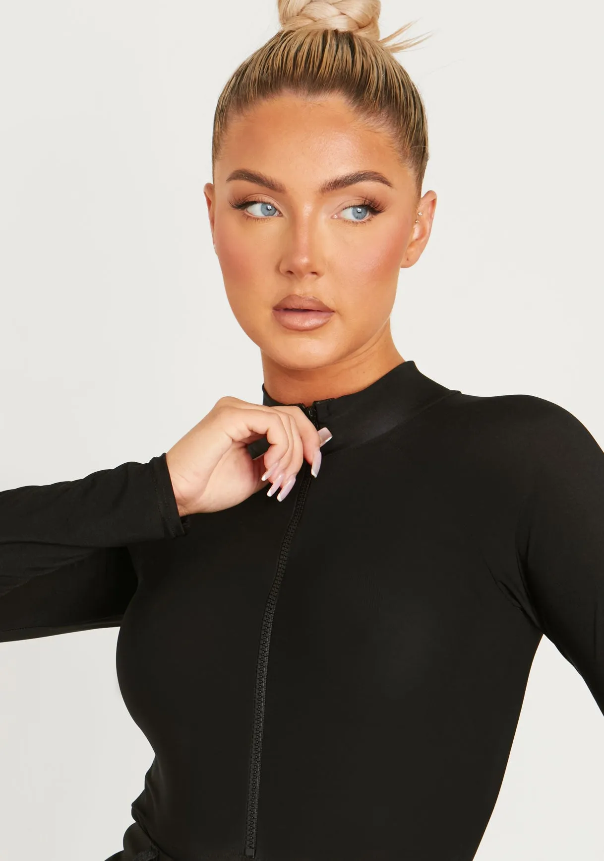 Lexi Black Disco Zip Through Long Sleeve Bodysuit