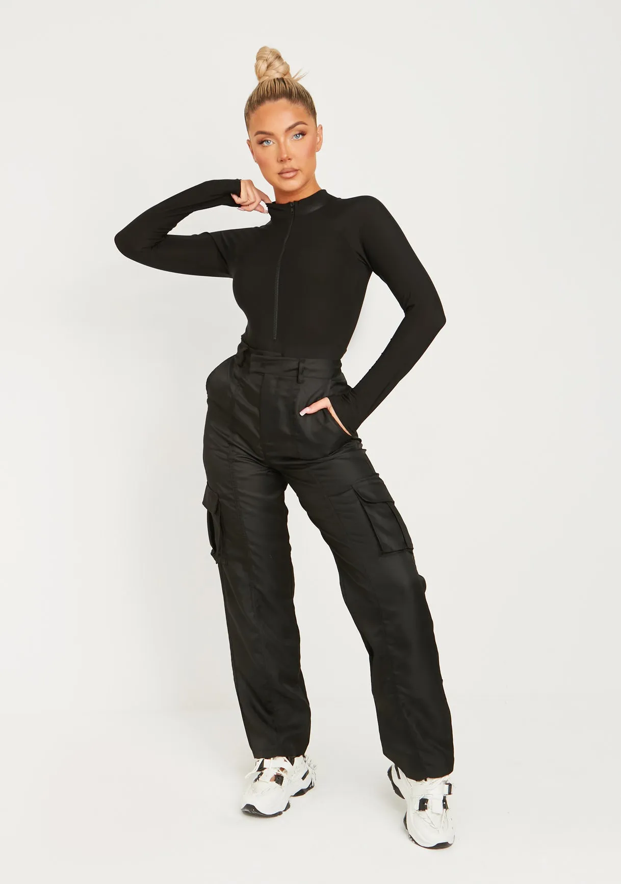 Lexi Black Disco Zip Through Long Sleeve Bodysuit