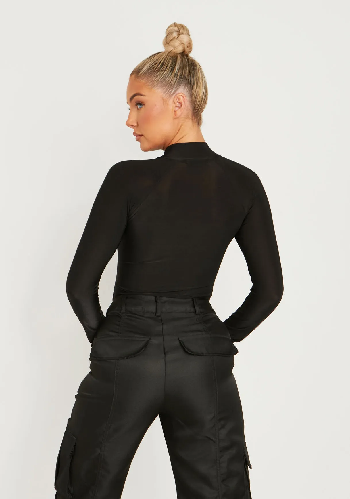 Lexi Black Disco Zip Through Long Sleeve Bodysuit