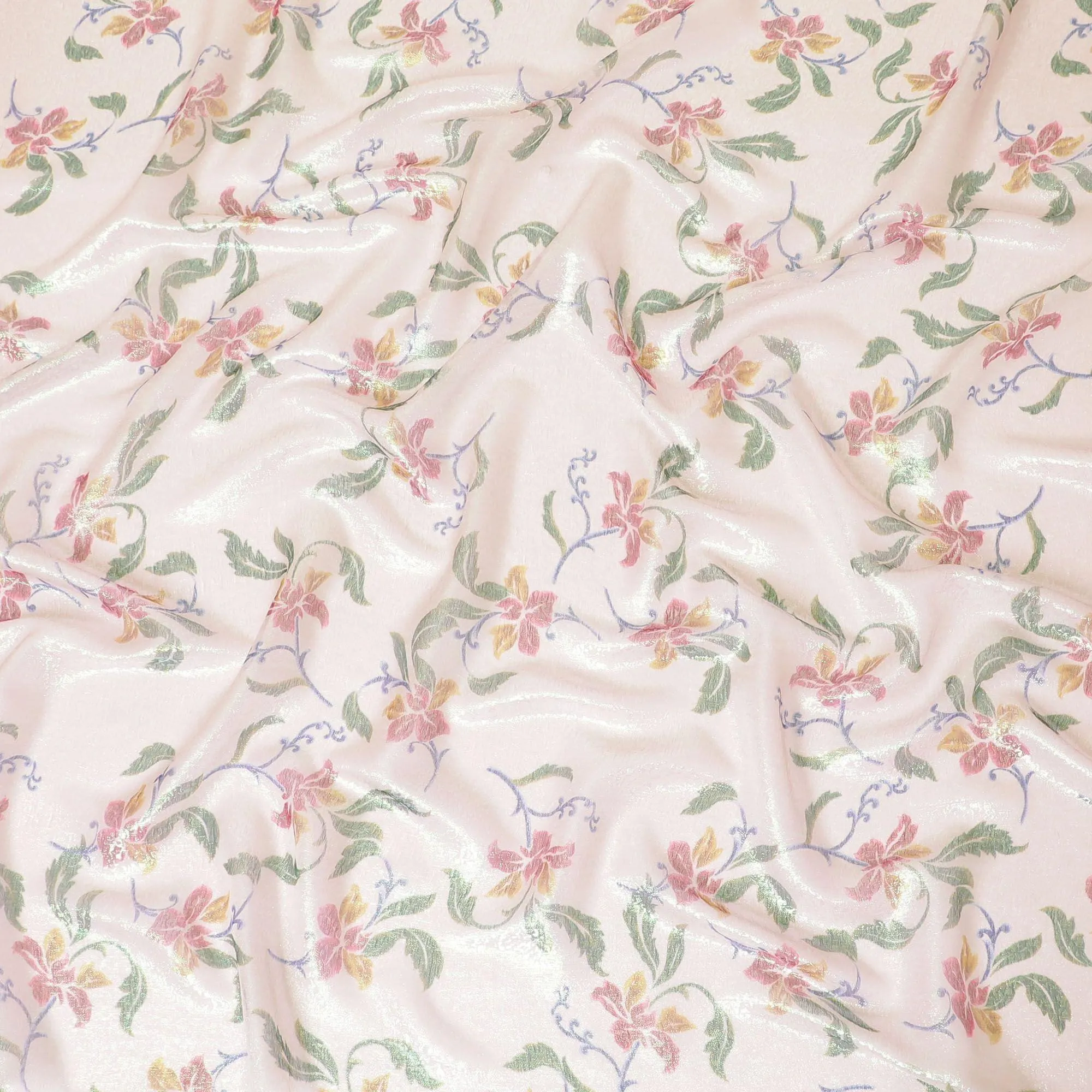 Light pink Premium pure silk chiffon fabric with multicolor print having pastel green metallic lurex in floral design-D8882