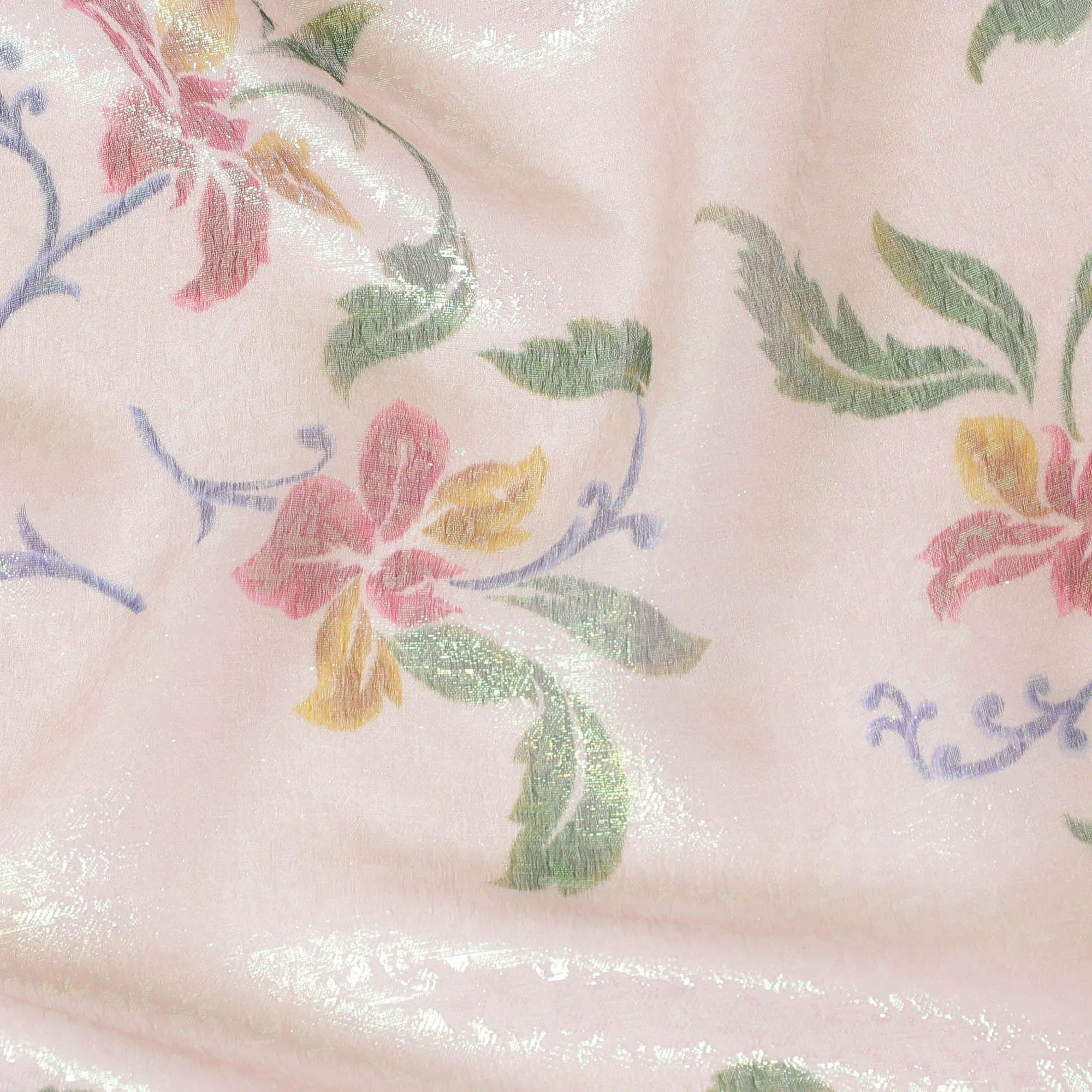 Light pink Premium pure silk chiffon fabric with multicolor print having pastel green metallic lurex in floral design-D8882