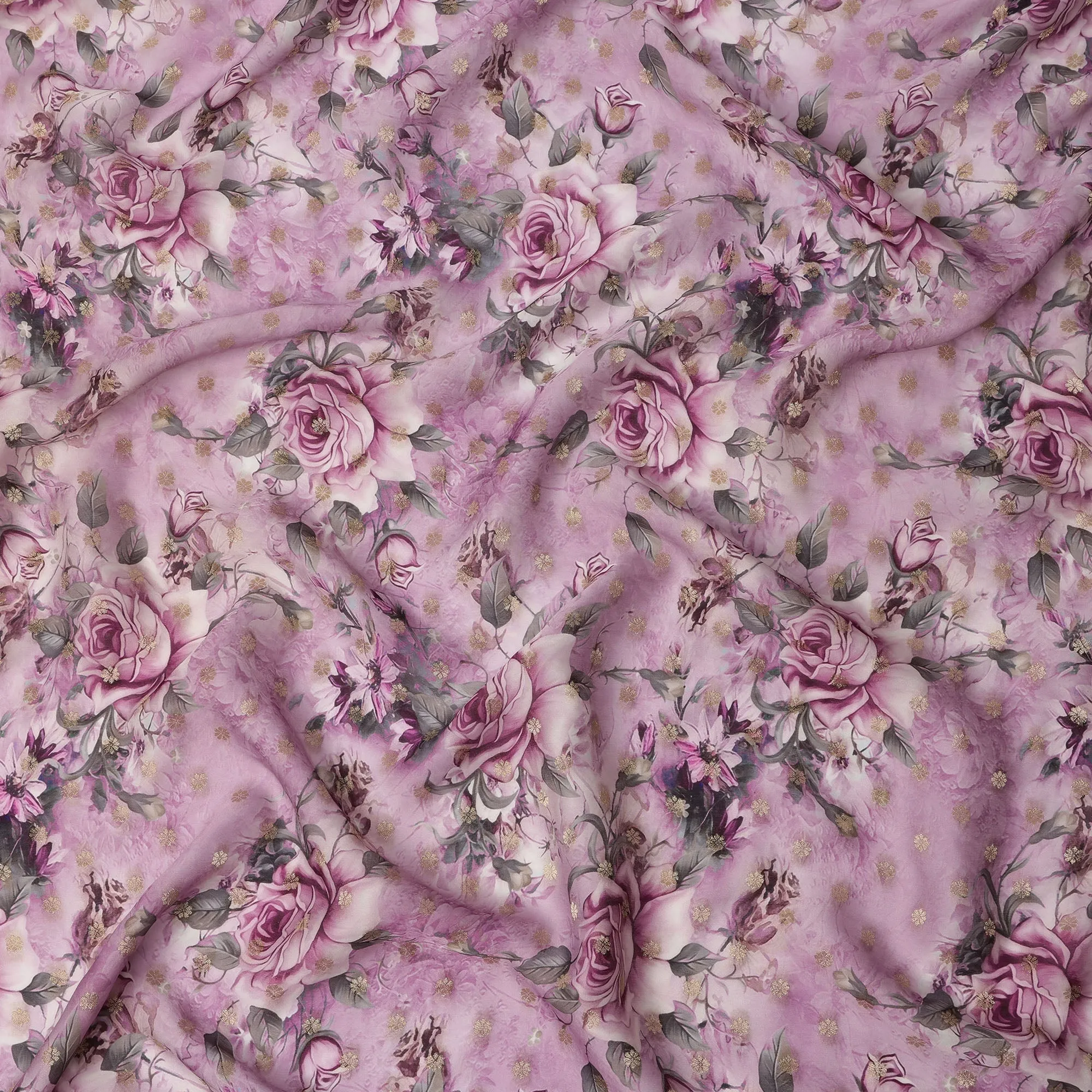 Lilac Pink Floral Synthetic Organza Satin Fabric, 110 cm Wide, Made in India-D20984