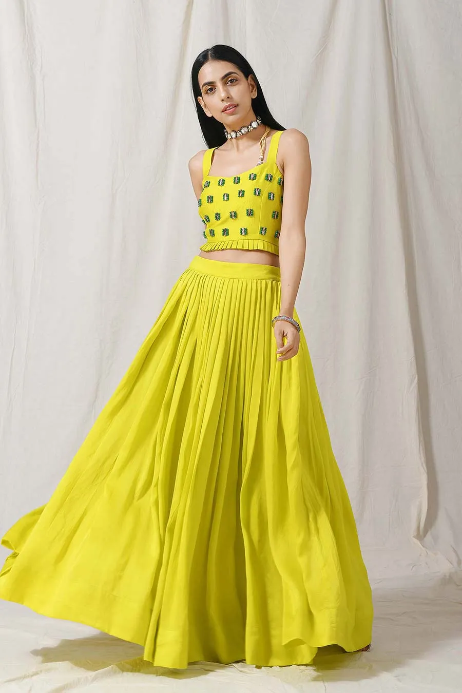 Lime Skirt & Top Set With Overlay