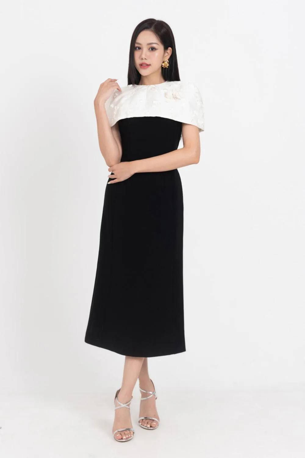 Lisa Trumpet Cape Shoulder Polycotton Midi Dress