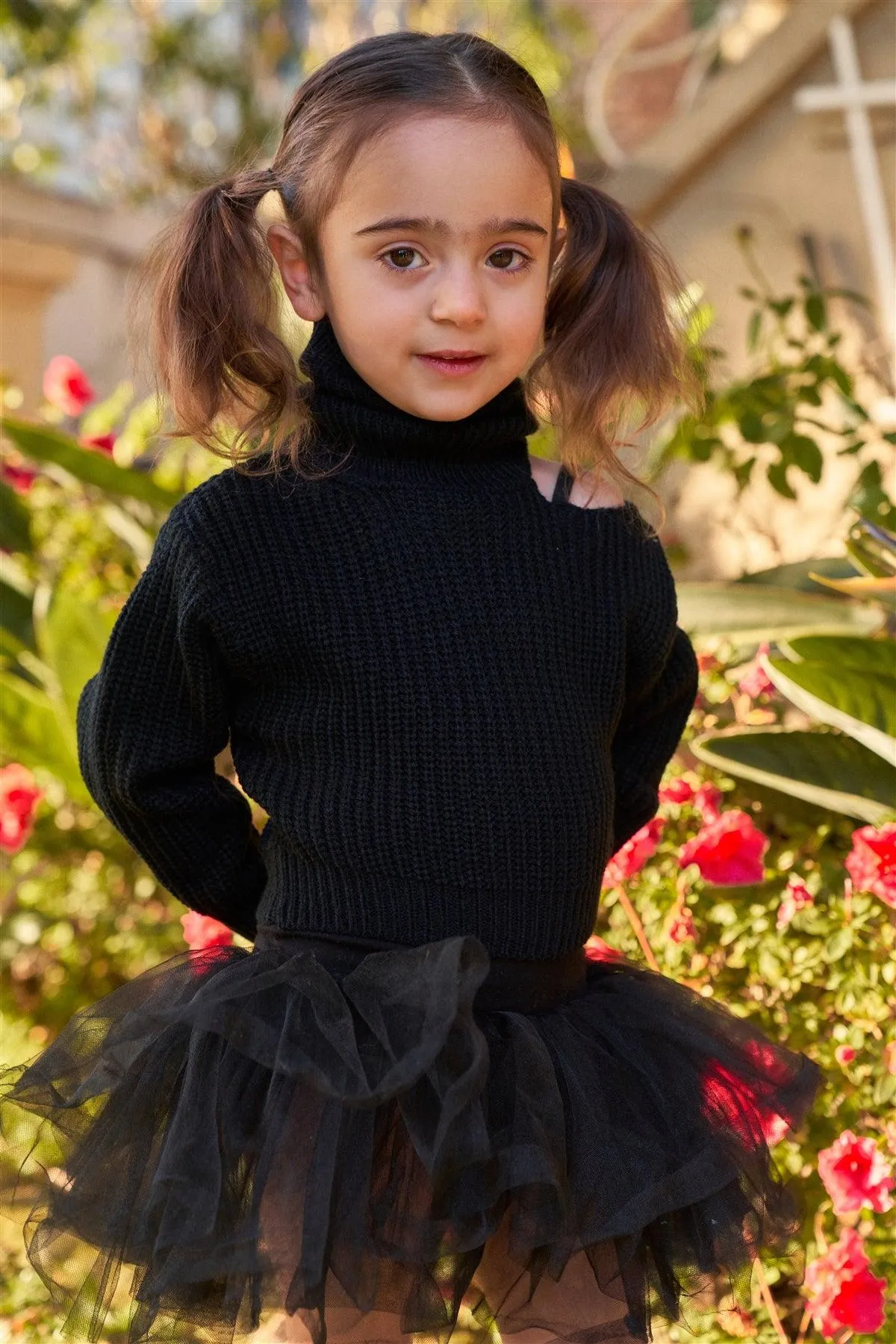 Little Girls Ribbed Knit Cut-Out Shoulder Sleeve Turtleneck Sweater