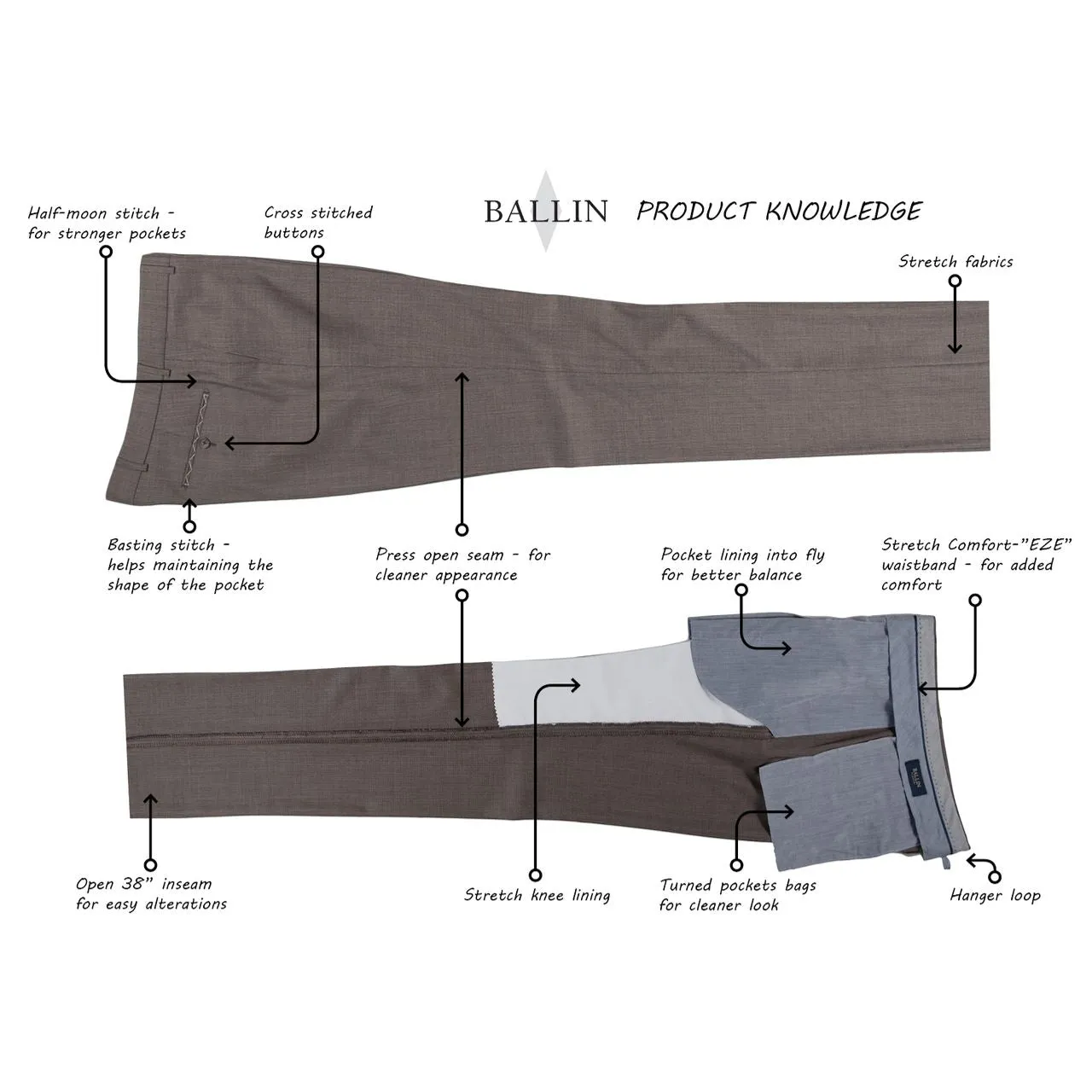 LONG FIT Super 120s Wool Gabardine Comfort-EZE Trouser in Charcoal (Manchester Pleated Model) by Ballin