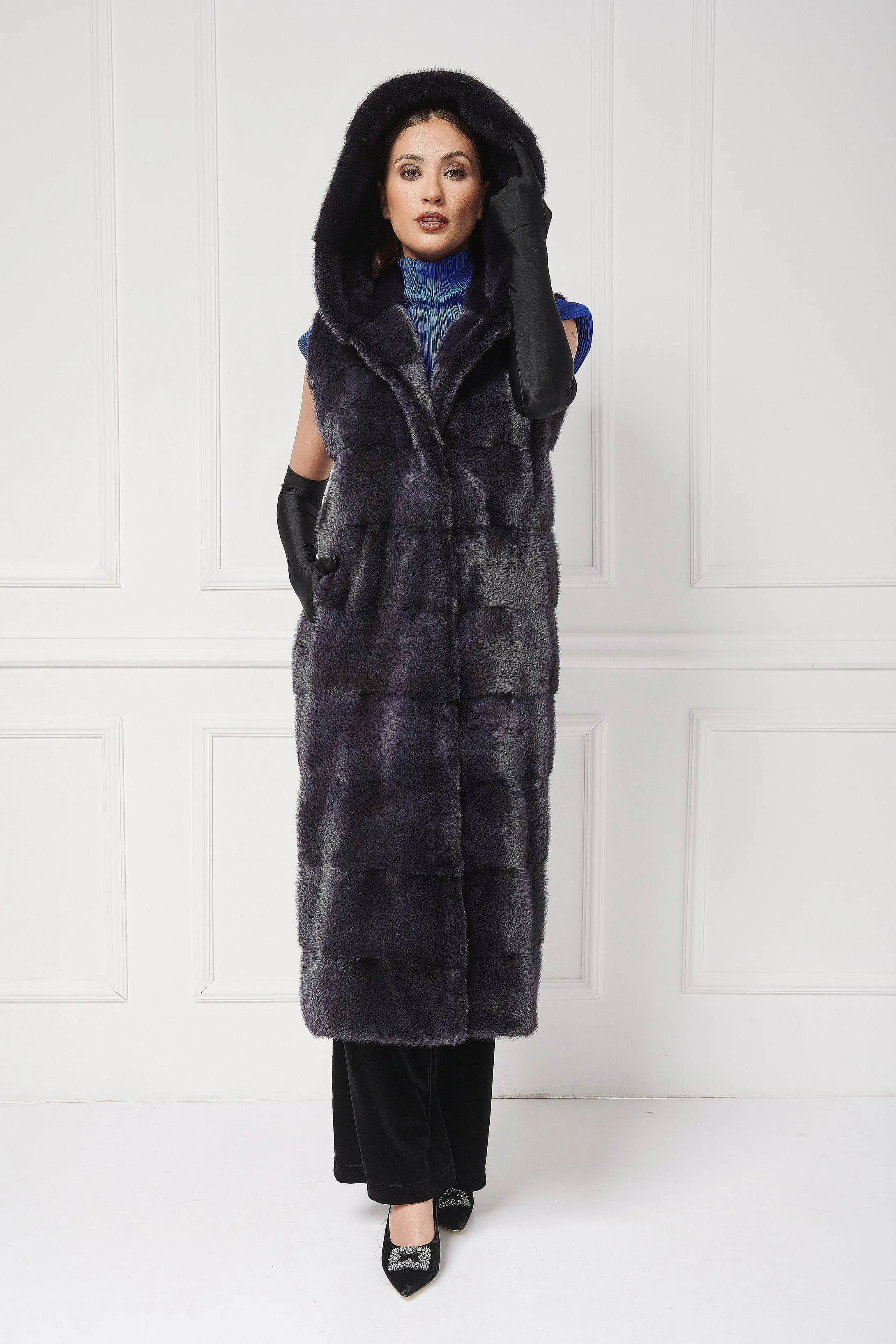 Long hooded mink vest