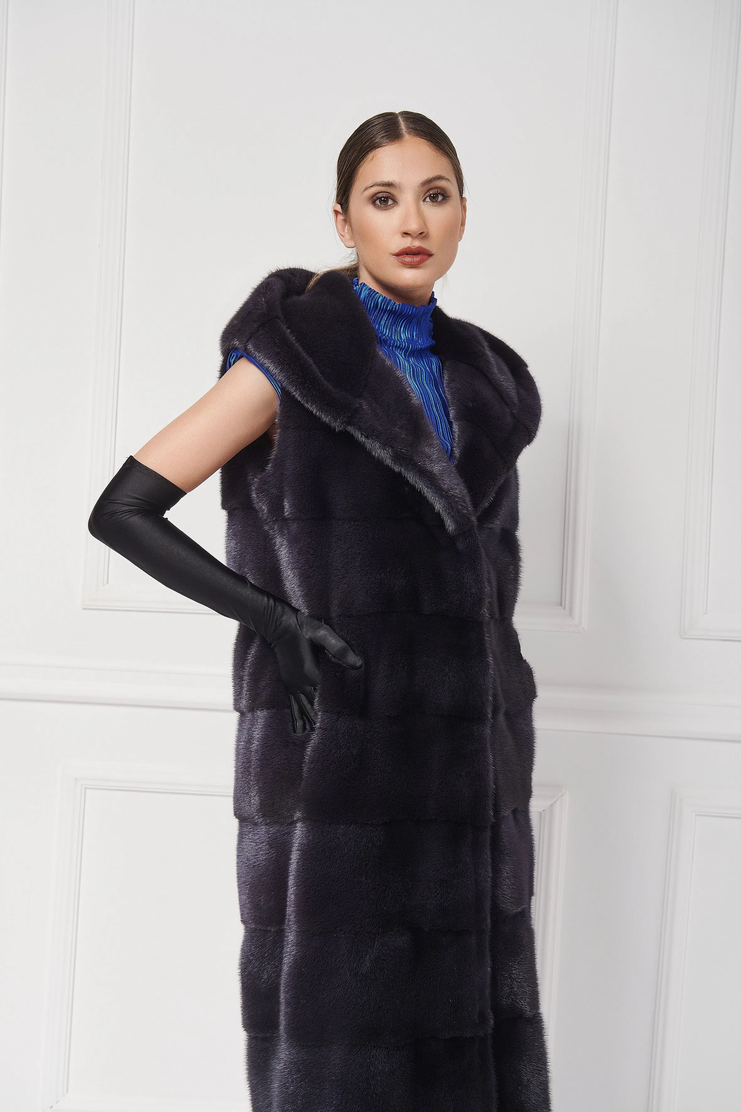 Long hooded mink vest