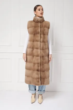 Long mink vest with stand-up collar