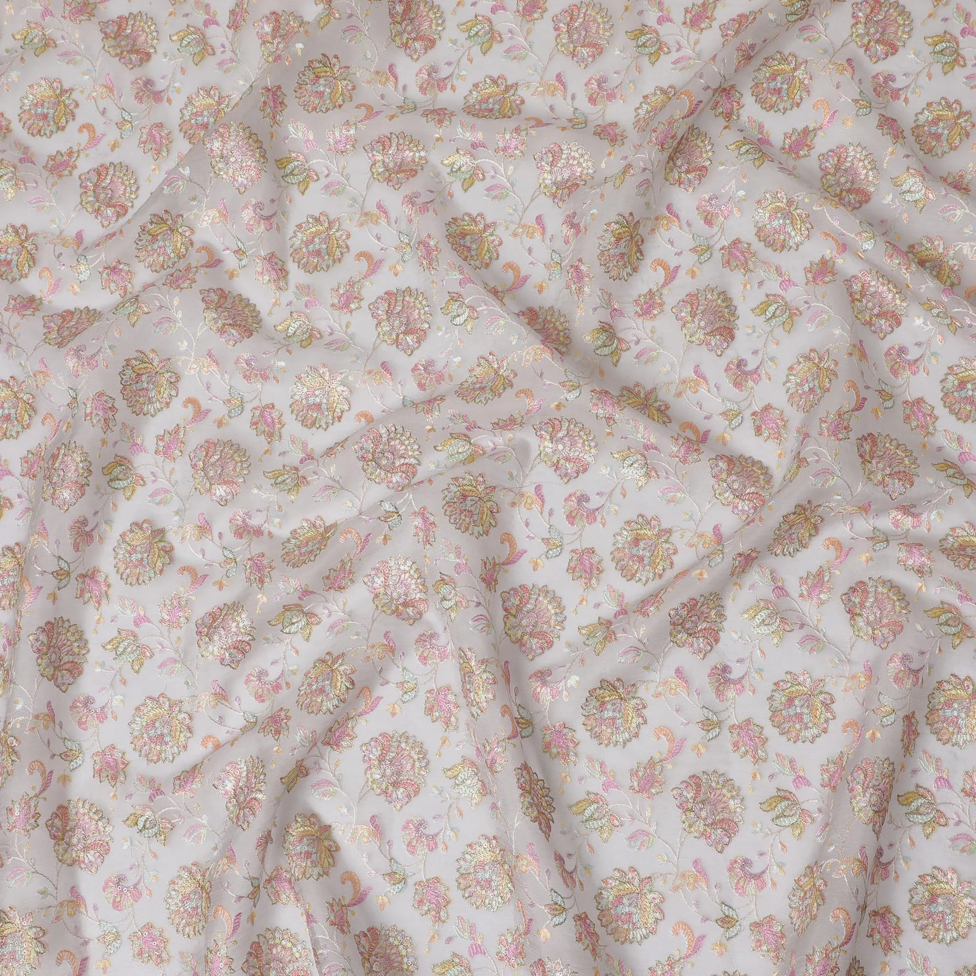 Lustrous Blush Silk Organza Fabric with Metallic Floral Embroidery, 110 cm Wide - Exquisite Indian Elegance-D18980