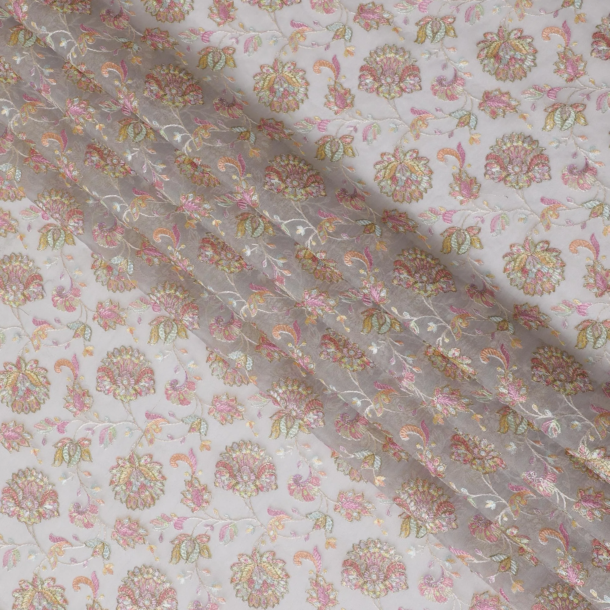 Lustrous Blush Silk Organza Fabric with Metallic Floral Embroidery, 110 cm Wide - Exquisite Indian Elegance-D18980