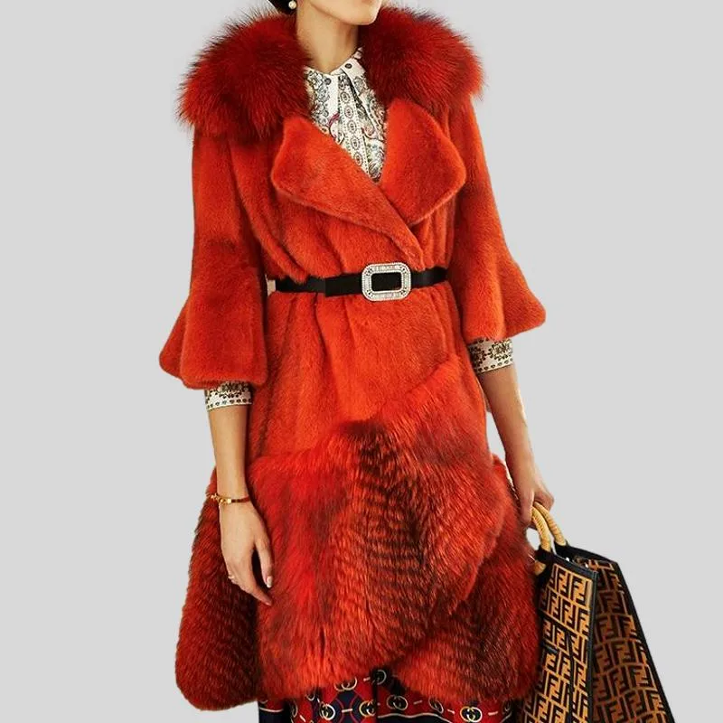 Luxury Natural Mink Fur Coat With Fox Fur Collar Waist Belt Mink Fur Jacket